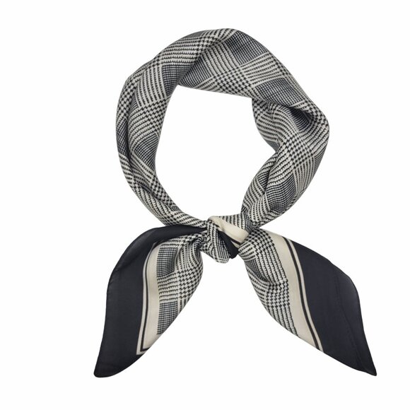 ❤️Elegant Bandana Square Scarf Silky Satin Soft BLACK Beige Hounds Tooth hijab❤️ - Picture 3 of 6
